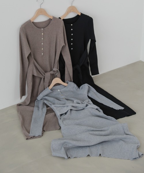 Bab（バブ）の「【選べるサイズ展開】レイヤード風ウエスト結びリブニットワンピース（ワンピース・レディース・グレー/ブラック/モカ・S/M/L）」の15枚目の写真
