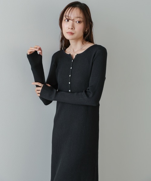 Bab（バブ）の「【選べるサイズ展開】レイヤード風ウエスト結びリブニットワンピース（ワンピース・レディース・グレー/ブラック/モカ・S/M/L）」の6枚目の写真