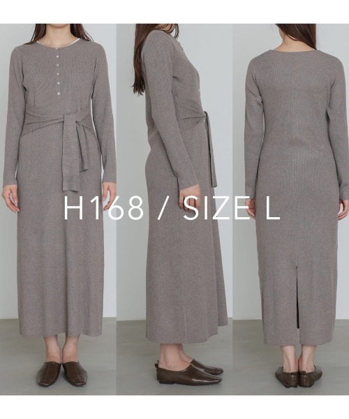 Bab（バブ）の「【選べるサイズ展開】レイヤード風ウエスト結びリブニットワンピース（ワンピース・レディース・グレー/ブラック/モカ・S/M/L）」の4枚目の写真