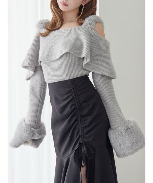 フェイクファーストラップオフショルダーリブニット（ニット/セーター