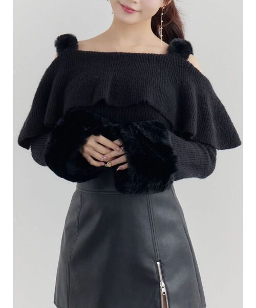 フェイクファーストラップオフショルダーリブニット（ニット/セーター