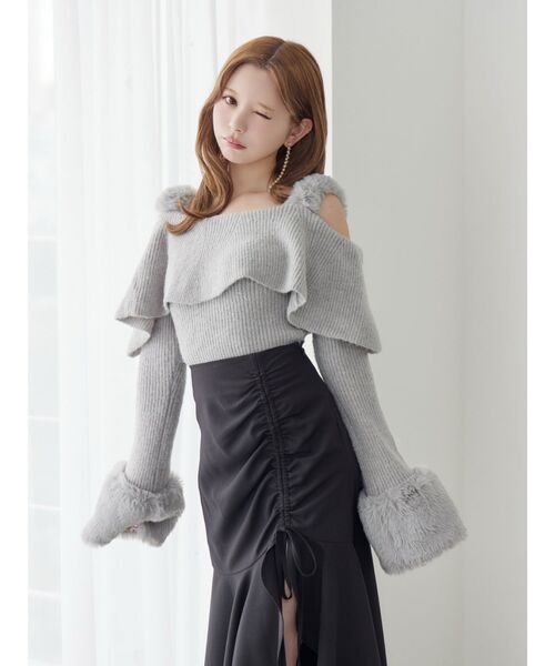 EATME フェイクファーストラップオフショルダーリブニット 黒 ブラック フェイクファーストラップオフショルダーリブニット（ニット/セーター