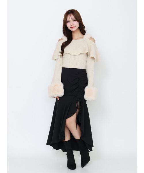 フェイクファーストラップオフショルダーリブニット（ニット/セーター