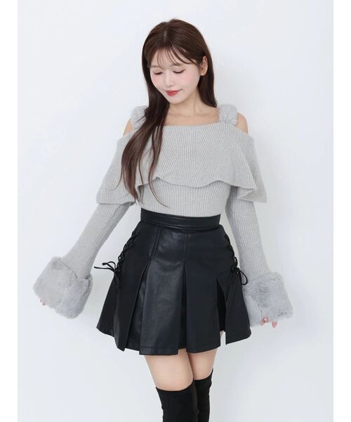 フェイクファーストラップオフショルダーリブニット（ニット/セーター