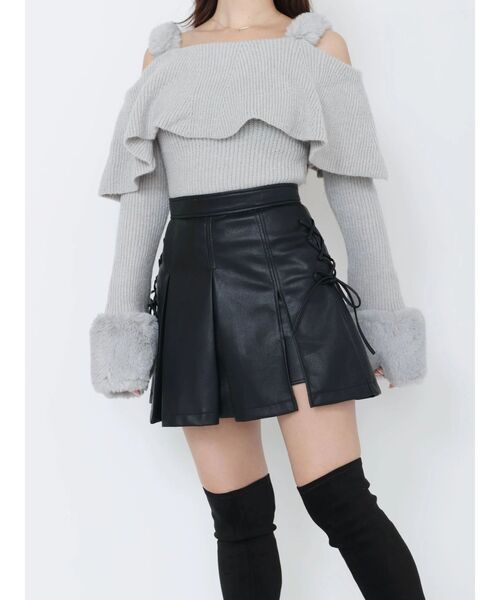フェイクファーストラップオフショルダーリブニット（ニット/セーター