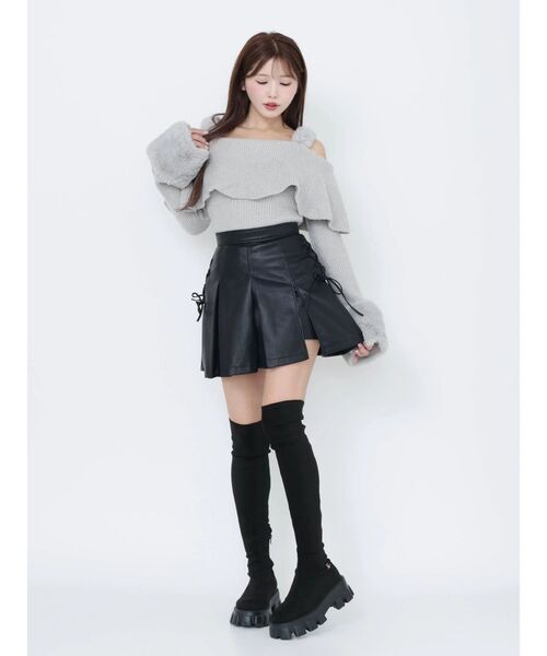 フェイクファーストラップオフショルダーリブニット（ニット/セーター