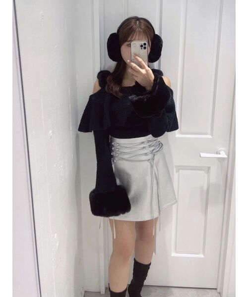 フェイクファーストラップオフショルダーリブニット（ニット/セーター