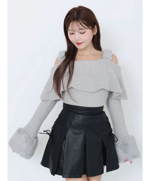フェイクファーストラップオフショルダーリブニット（ニット/セーター