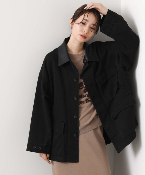 Gready Brilliant（グレディブリリアン）の「レザー衿付ツイルジャケット（その他アウター・レディース・ベージュ/ブラック・38）」の2枚目の写真