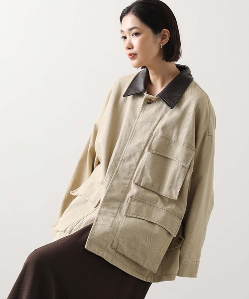 Gready Brilliant（グレディブリリアン）の「レザー衿付ツイルジャケット（その他アウター・レディース・ベージュ/ブラック・38）」の3枚目の写真