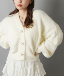 リボンボタンが可愛ふわふわシャギーカーディガン