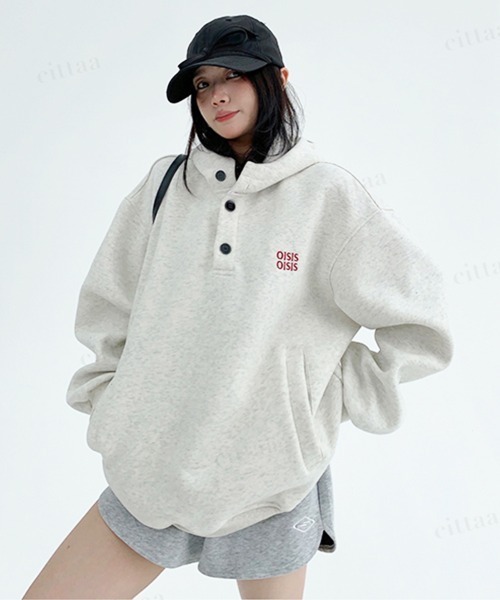 韓国ファッション OISIS刺繍ヘンリーネックフーディー（パーカー