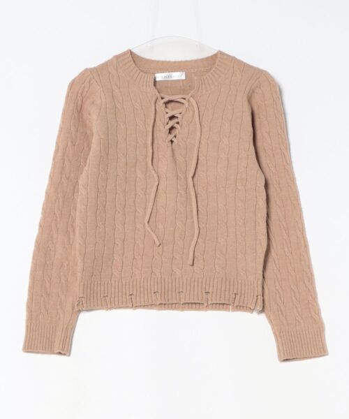 Lace Ladies(レースレディース)の「ケーブル編み レースアップ 長袖 ニット プルオーバー(ニット/セーター・レディース・グレイッシュベージュ/ブラック/グレー・FREE/S)」の3枚目の写真