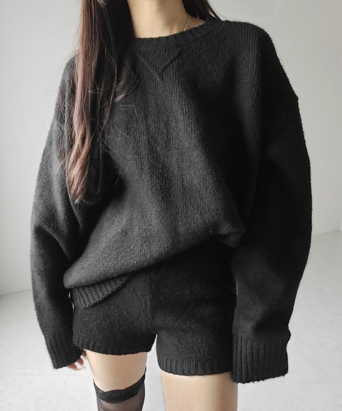 Eaphi FLUFFY SHORT PANTS ニットショートパンツ ブラック ニットセットアップ 】フラッフィーオーバーサイズニット ＋ ニット