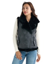 BILLABONG レディース FAUX LEATHER MOUTON ベスト 【2025年秋冬モデル】 @autumn /ビラボンライダースジャケット風ボアベスト