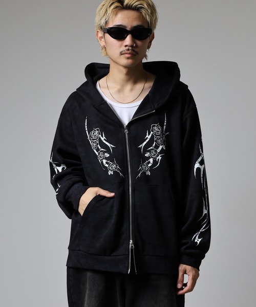 セール】トライバル薔薇デザイン ダブルZIPパーカー（パーカー
