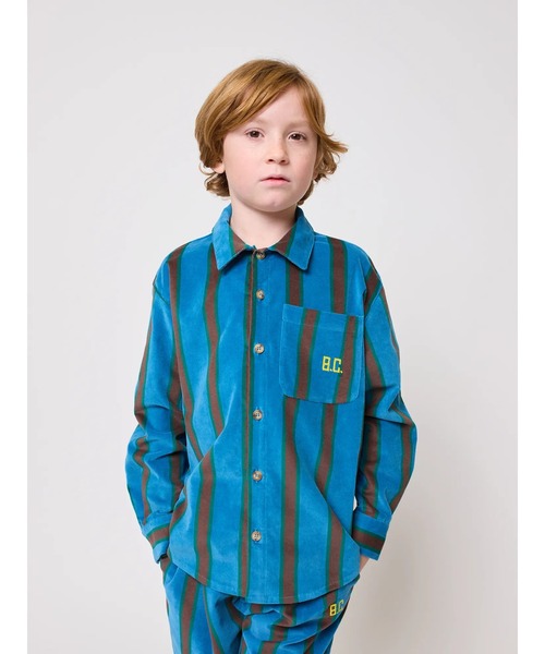 BOBO CHOSES(ボボショーズ)の「Stripes velvet over shirt(シャツ/ブラウス・キッズ・ネイビー・12-13y/10-11y/8-9y/6-7YEAR/4-5YEAR/2-3YEAR)」の2枚目の写真