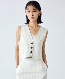 NICK&NICOLE | CHIC STRIPE LINEN VEST_OATMEAL(ベスト)