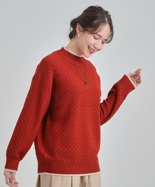 DRESKIP(ドレスキップ)の「【洗濯機可/毛玉レス】配色がアクセント ダイヤ柄ゆるニット(ニット/セーター・レディース・サンドベージュ/ブルー系その他/ダークブラウン/ワインレッド/ブラック・01/02/03/04)」の7枚目の写真