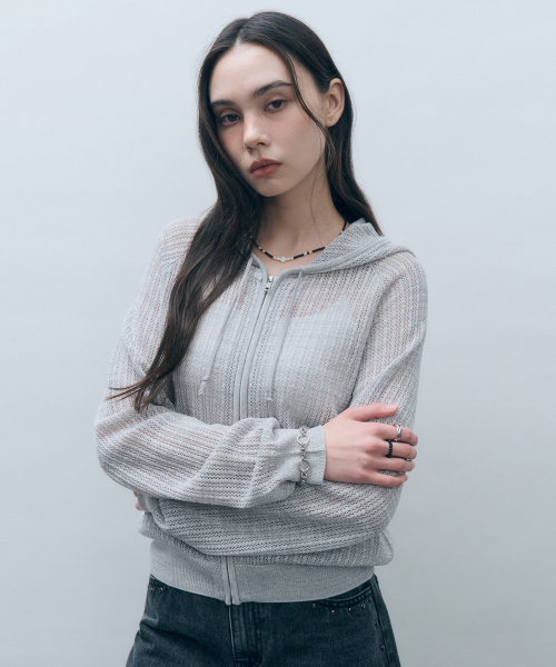 MONGDOL(モンドル)の「クロシェニットフードジップアップライトグレーMDCD040LGRAY(カーディガン/ボレロ・レディース・その他・F)」の4枚目の写真