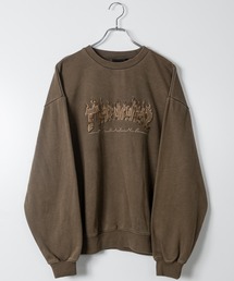 【at】〔THRASHER/スラッシャー〕ダメージデニムアップリケ ピグメント クルーネックスウェット