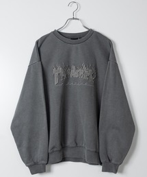 【at】〔THRASHER/スラッシャー〕ダメージデニムアップリケ ピグメント クルーネックスウェット