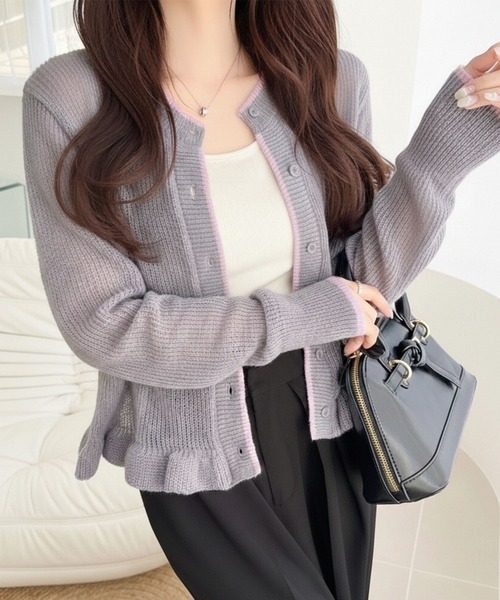 mily bilet(ミウィビレット)の「【mily bilet】旬のレイヤード風スタイルが楽しめる1枚♪裾フリルバイカラーデザインシアーニットカーディガン(長袖)(カーディガン/ボレロ・レディース・チャコールグレー/ライトグレー/アイボリー・SMALL/MEDIUM/LARGE/X-LARGE)」の3枚目の写真