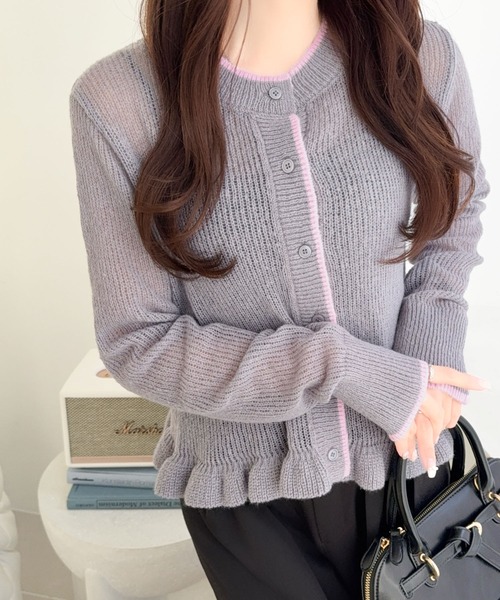 mily bilet(ミウィビレット)の「【mily bilet】旬のレイヤード風スタイルが楽しめる1枚♪裾フリルバイカラーデザインシアーニットカーディガン(長袖)(カーディガン/ボレロ・レディース・チャコールグレー/ライトグレー/アイボリー・SMALL/MEDIUM/LARGE/X-LARGE)」の14枚目の写真