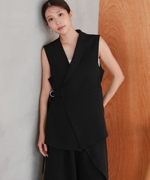 TOKYO OFFICA | 卒業式・入学式・学校行事・結婚式 対応 パンツスーツ セットアップ  ママ ジレ風デザイン 体型カバー アシンメトリータック テーラード セットアップ ワイドパンツ セレモニー オフィスカジュアル スーツ(スーツセット)