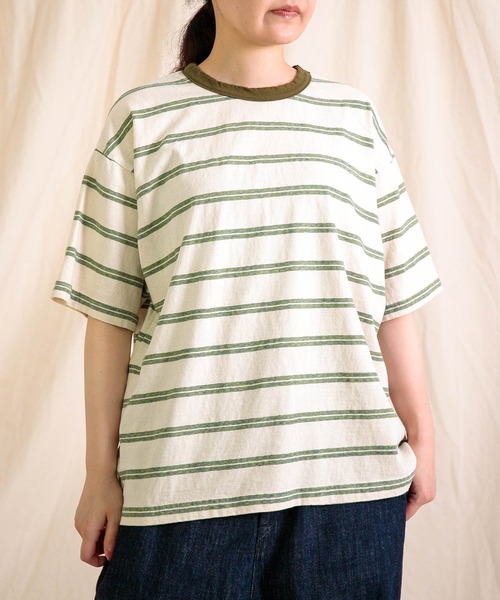 Domingo NJ素材 ボーダーシャツ prit] リサイクルムラ糸天竺レトロボーダー クルーネックルーズTシャツ