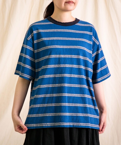 prit] リサイクルムラ糸天竺レトロボーダー クルーネックルーズTシャツ