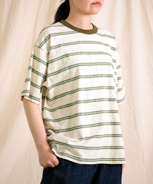 prit] リサイクルムラ糸天竺レトロボーダー クルーネックルーズTシャツ