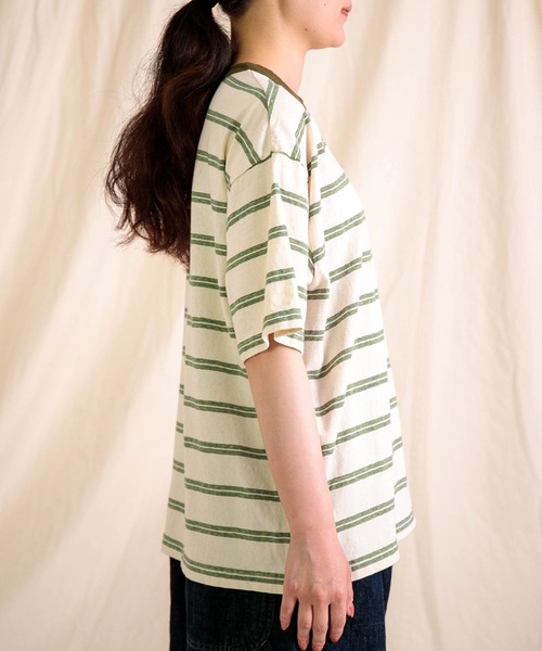 prit] リサイクルムラ糸天竺レトロボーダー クルーネックルーズTシャツ
