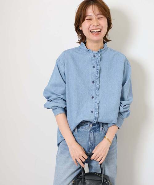 JOURNAL STANDARD relume（ジャーナルスタンダード　レリューム）の「《WEB限定追加4》スタンドネックデニムフリルブラウス（シャツ/ブラウス・レディース・ネイビー/ブルー・FREE）」の2枚目の写真