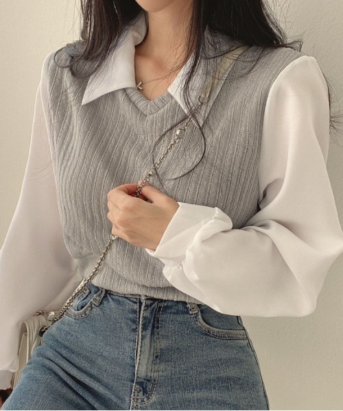 Lips(リップス)の「異素材ミックスで魅せる!上品さとトレンドを兼ね備えた大人ブラウス(シャツ/ブラウス・レディース・グレー/アイボリー/ブラック・FREE)」の4枚目の写真