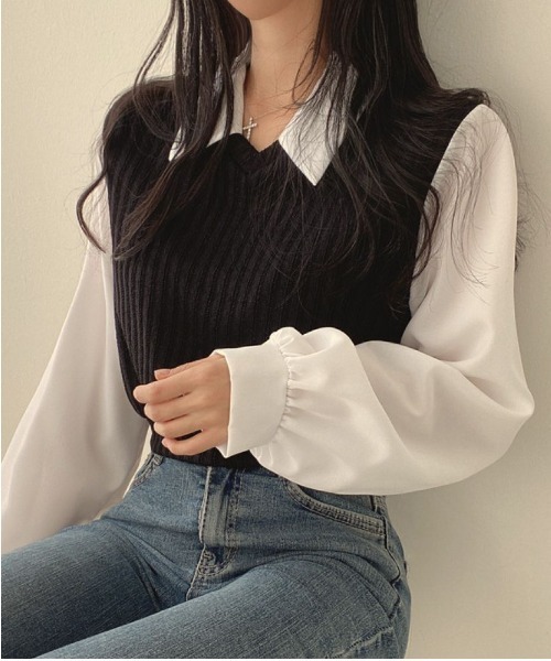 Lips(リップス)の「異素材ミックスで魅せる!上品さとトレンドを兼ね備えた大人ブラウス(シャツ/ブラウス・レディース・グレー/アイボリー/ブラック・FREE)」の11枚目の写真