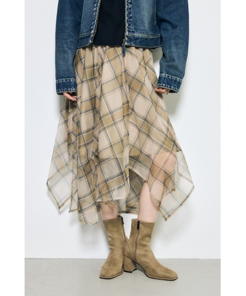 AZUL by moussy(アズールバイマウジー)の「【身長/骨格別着用画像あり】シアーチェックハンカチーフヘムスカート(スカート・レディース・ベージュ系その他/ブラック系その他・FREE)」の1枚目の写真