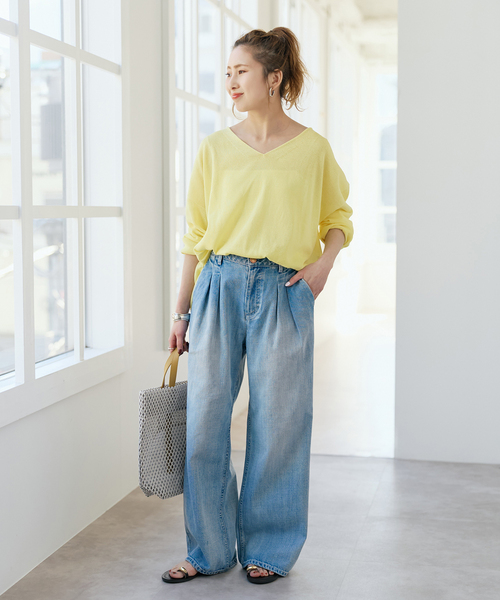 Spick & Span（スピックアンドスパン）の「ペーパーヤーンVネックルーズプルオーバー（ニット/セーター・レディース・ホワイト/ネイビー/モカ/イエロー・FREE）」の8枚目の写真