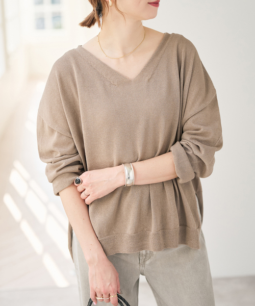 Spick & Span（スピックアンドスパン）の「ペーパーヤーンVネックルーズプルオーバー（ニット/セーター・レディース・ホワイト/ネイビー/モカ/イエロー・FREE）」の18枚目の写真