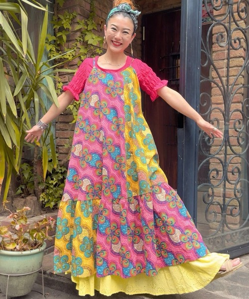 チャイハネ(チャイハネ)の「【チャイハネ】イジェオマパッチワーク風キャミワンピース(ワンピース・レディース・グリーン/ピンク・FREE)」の7枚目の写真