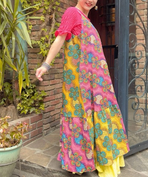 チャイハネ(チャイハネ)の「【チャイハネ】イジェオマパッチワーク風キャミワンピース(ワンピース・レディース・グリーン/ピンク・FREE)」の8枚目の写真