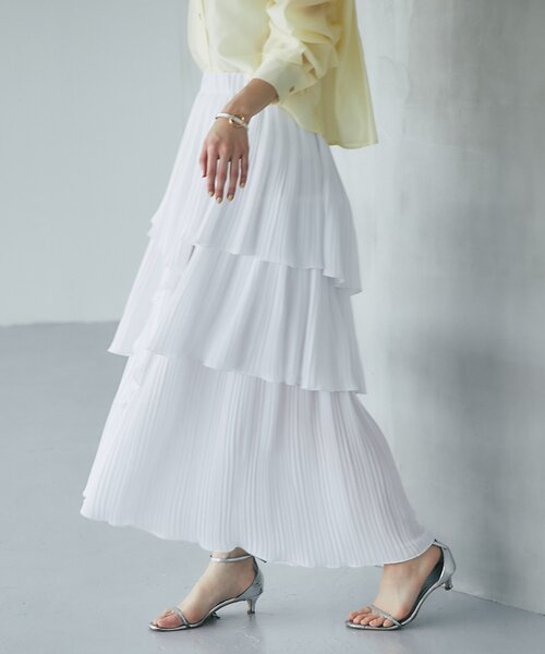 La boutique BonBon（ラブティックボンボン）の「【女子力UP】イレヘムプリーツティアードスカート（スカート・レディース・オフホワイト/サックスブルー/ホワイト・FREE）」の5枚目の写真