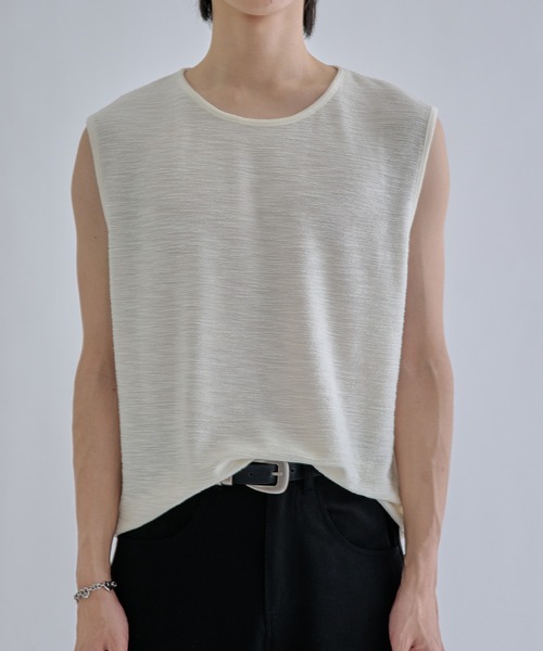 EPNK(イーピーエヌケー)の「Bound neck sleeveless tops / バインダーネックノースリーブトップス(Tシャツ/カットソー・メンズ・アイボリー/ブラック・SMALL/MEDIUM/LARGE)」の3枚目の写真