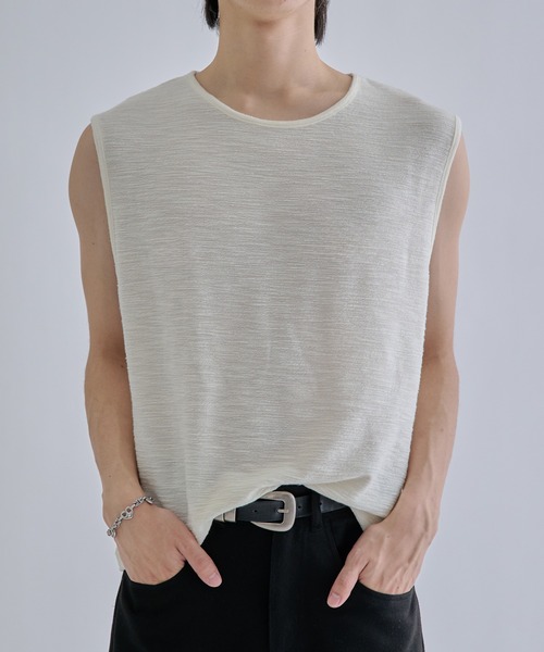 EPNK(イーピーエヌケー)の「Bound neck sleeveless tops / バインダーネックノースリーブトップス(Tシャツ/カットソー・メンズ・アイボリー/ブラック・SMALL/MEDIUM/LARGE)」の10枚目の写真