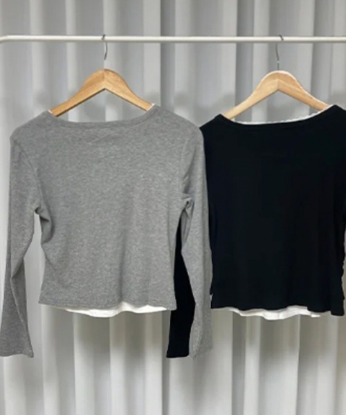 Emilie(エミリー)の「レース付き フェイクレイヤード ショート丈トップスプルオーバー(Tシャツ/カットソー・レディース・グレー/ブラック・FREE)」の11枚目の写真