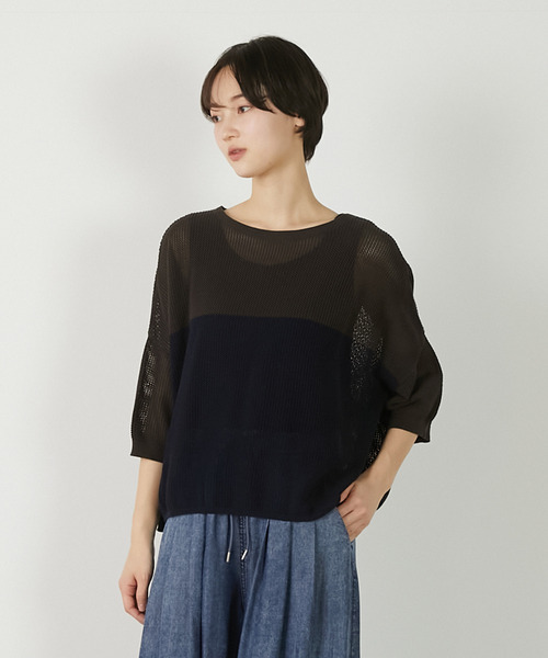 MELROSE claire（メルローズ クレール）の「【バイカラーワイドシルエットニットプルオーバー】（ニット/セーター・レディース・オフホワイト/ブルー/ダークブラウン・FREE）」の3枚目の写真