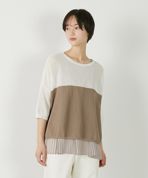 MELROSE claire（メルローズ クレール）の「【バイカラーワイドシルエットニットプルオーバー】（ニット/セーター・レディース・オフホワイト/ブルー/ダークブラウン・FREE）」の2枚目の写真