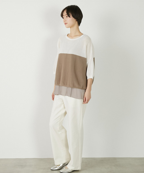 MELROSE claire（メルローズ クレール）の「【バイカラーワイドシルエットニットプルオーバー】（ニット/セーター・レディース・オフホワイト/ブルー/ダークブラウン・FREE）」の4枚目の写真