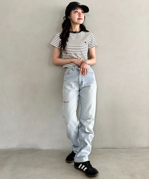 POLOCHAMPS(ポロチャンプス)の「POLOCHAMPS(ポロチャンプス)/短丈 半袖クロップド丈T コンパクトT/ボーダー刺繍Tシャツ(Tシャツ/カットソー・レディース・ブラック×ホワイト/ブラック×グレー/ネイビー/ブラック/ピンク・FREE)」の20枚目の写真
