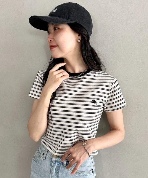 POLOCHAMPS(ポロチャンプス)の「POLOCHAMPS(ポロチャンプス)/短丈 半袖クロップド丈T コンパクトT/ボーダー刺繍Tシャツ(Tシャツ/カットソー・レディース・ブラック×ホワイト/ブラック×グレー/ネイビー/ブラック/ピンク・FREE)」の22枚目の写真